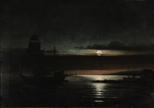 FABRITIUS DE TENGNAGEL Frederik Michael E. 1781-1849,Ships at small harbor in moonl,Bruun Rasmussen 2024-01-08