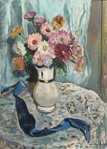FAGES Arthur 1902-1984,Broc en porcelaine avec bouquets sur une nappe ron,Marambat-Camper 2022-10-19