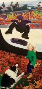 FAHEY Jacqueline 1929,Skateboarder, Runnning Child and Jumping Dog,2001,Webb's NZ 2010-09-28