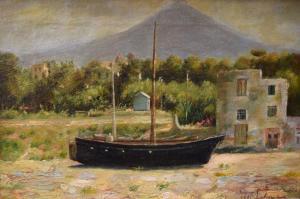 FALANGA Michele,Village Below Mt. Vesuvius, Black Boat On Shore,Hood Bill & Sons 2024-01-16