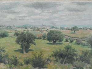 FARRAR Charles Brooke 1929-1940,Country landscape - with railway line and tow,Golding Young & Mawer 2016-01-27