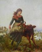 FARREN Robert 1832-1912,Young lady playing with a calf in a meadow,1889,Halls GB 2020-03-18