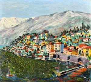 FAUVIST SCHOOL,A harbour view with mountains at Ascona, Switzerland,John Nicholson GB 2022-09-07