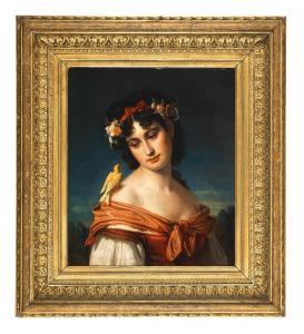 FELIX Karl Eugen 1837-1906,Dame mit Blumenkranz und Kanarienvogel,1867,Palais Dorotheum 2023-02-21