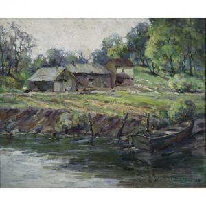 FENTON Hallie Champlin Hyde 1880-1935,FARM BUILDINGS BY THE RIVER,1934,Waddington's CA 2011-12-13