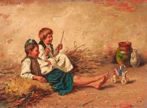 FERENCZY Jozef 1866-1925,Two children with wooden toy,Kaupp DE 2020-11-21