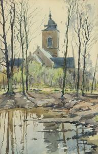 FERMEUSE Victor 1894-1963,Landschaft mit Gewässer und Kirche,Von Zengen DE 2022-09-02
