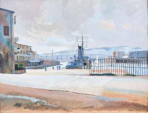 FERNEZ Louis 1900-1983,CROISEUR DANS UN PORT MEDITERRANEEN,Jean-Mark Delvaux FR 2023-02-02