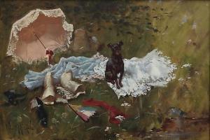 FERON William 1858-1894,Landskap med hund och en kvinnas kläder,Crafoord SE 2017-12-02