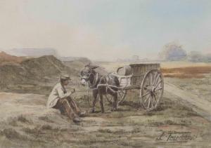 FERREREZ J 1800-1900,Repos d'un homme près d'un âne à la charrette,Dogny Auction CH 2014-03-18