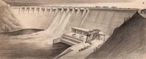 FERRISS Hugh 1889-1962,Architectural Illustration of an American Dam,1942,William Doyle 2024-04-10