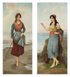 FERSTEL L 1800-1900,Girl near the coast. Canvas. A pair. Signed 'E... ,Bernaerts BE 2010-02-08