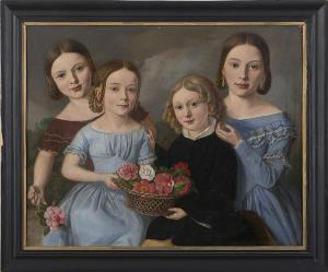 FERSTLER Heinrich,FAMILY PORTRAIT OF FOUR CHILDREN WITH BASKET OF RE,1850,Northeast GB 2013-08-04