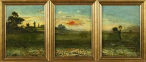 FEUDEL Arthur 1857-1929,Drei Landschaften mit Sonnenuntergang,1882,Wendl DE 2023-10-25