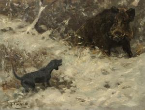 FEUSSNER Reinhold 1886-1971,Jagdhund stellt ein Wildschwein,Kastern DE 2012-09-22