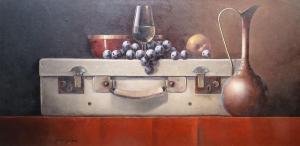 FFRENCH LE ROY David,STILL LIFE OF A SUITCASE, JUG AND FRUIT,2002,De Veres Art Auctions 2022-10-11