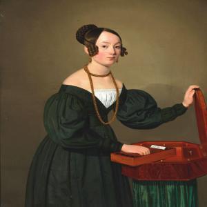 FIEBIG Carl,Portrait of a young woman standing by a needlework,1836,Bruun Rasmussen 2016-08-15