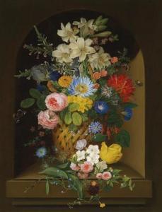 FIEDLER Anton, Antonia 1800-1800,bouquet of flowers in a basket with butterfl,1827,Palais Dorotheum 2016-10-20