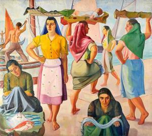 FILIPE GUILHERME 1899-1971,Wharf with Fisherwomen and Fishermen,Cabral Moncada PT 2019-12-02