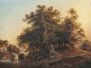 FIRMENICH Joseph,Waldstück auf kleiner Anhöhe vor See mit Hirte und,1862,Palais Dorotheum 2021-11-17