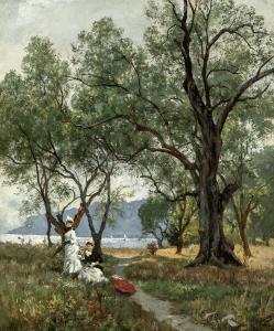 FISCHER August,Fra Mentona. Summer day at the coast at Menton wit,1885,Bruun Rasmussen 2024-01-29