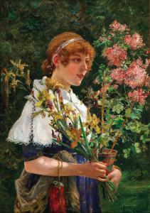 FISCHER CORLIN Ernst Albert 1853-1932,A Girl with Irises and Geraniums,Palais Dorotheum 2023-10-24