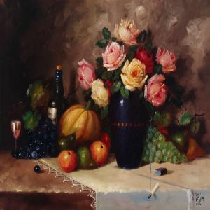 FISCHER Holger 1889,Still life on a table with flowers, fruit and toba,Bruun Rasmussen DK 2016-08-22