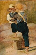 FISCHER Philip August,Dreng hjælper sin lillebror over en stente,1847,Bruun Rasmussen 2016-12-05