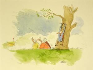 fish Martin,Two golfers walking past a tree with a man nailed to it,Ewbank Auctions GB 2008-12-18