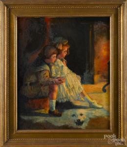 FISHER M 1900,Oil on canvas of two children sitting by a fire,Pook & Pook US 2015-06-17