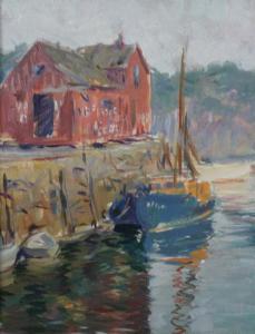 FISK WILBUR 1900-1900,RED BOATHOUSE WITH SAILBOAT AT DOCK,Sloans & Kenyon US 2012-09-15