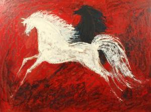Fitzgerald Mary 1956,A black and white horse on a red background,John Nicholson GB 2022-02-09