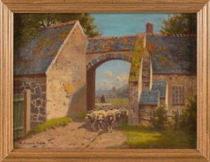 FLAGG Hiram Peabody 1859-1937,Herding sheep through a country gate.,Eldred's US 2024-01-05