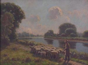 FLAGG Hiram Peabody,SHEPHERD WITH SHEEP BY THE THAMES,1919,Clark Cierlak Fine Arts 2021-04-03