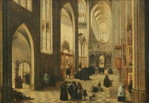 FLEMISH SCHOOL,A church interior with figures and dogs before a chapel,Bonhams GB 2015-12-09