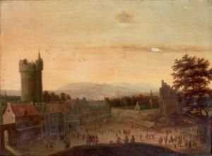 FLEMISH SCHOOL,A crowded town square with a castle tower beyond,1657,Christie's GB 2007-01-30