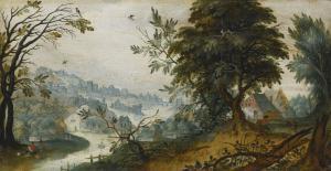 FLEMISH SCHOOL,A WOODED RIVER LANDSCAPE WITH FIGURES SEATED AT LE,1600,Sotheby's GB 2015-06-04