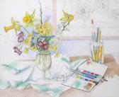 FLINN Bridget,STILL LIFE WITH DAFFODILS, PRIMROSES AND ARTIST'S TOOLS,1986,Whyte's IE 2018-07-09