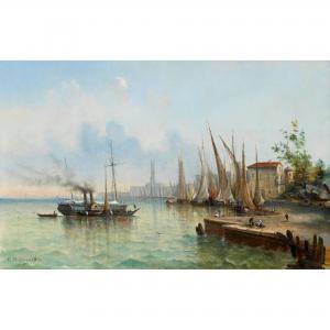 FLIPSEN Victor Ph 1841-1907,Hafenmole mit Segelbooten und Dampfschiff,Dobiaschofsky CH 2015-11-04