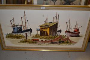 FLISCHER,beached fishing boats and fishing hut,20th Century,Lawrences of Bletchingley GB 2020-03-17