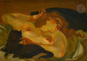 FONTANAROSA Lucien Joseph 1912-1975,Femme endormie au chat noir,Ader FR 2023-10-20