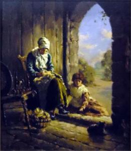 Forsyth R,Cottage interior, lady with spinning wheel and boy,The Cotswold Auction Company 2018-10-23