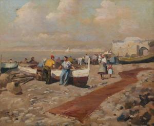 FORTINI Andrea 1902-1977,Italian Coastal Scene with Fishermen and Family,Burchard US 2022-07-16