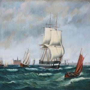 FOSS Peder Nielsen 1821-1882,Sailing ships at sea with Kronborg Castle in the ,1876,Bruun Rasmussen 2015-11-30