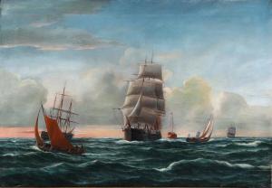 FOSS Peder Nielsen 1821-1882,Seascape with sailing ships and a light ship at d,1876,Bruun Rasmussen 2022-11-14