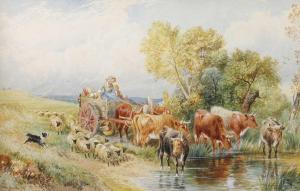 FOSTER Vernon 1880-1920,Landscape cart with cows and sheep by stream,Tennant's GB 2023-11-03
