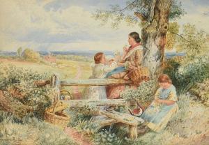 FOSTER Vernon 1880-1920,PICKING FLOWERS, MOTHER AND CHILDREN AT A STI,Ross's Auctioneers and values 2022-10-12