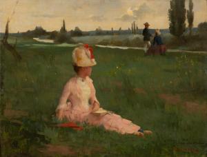 FOUBERT Émile Louis 1848-1911,Elegante en rose dans un champs,Delorme-Collin-Bocage FR 2023-06-30