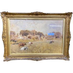 FOX Charles James 1860-1937,a village scene with grazing cattle,20th century,Keys GB 2023-01-05
