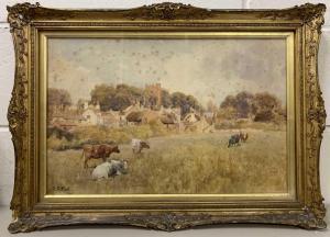FOX Charles James 1860-1937,a village scene with grazing cattle,Keys GB 2022-11-11